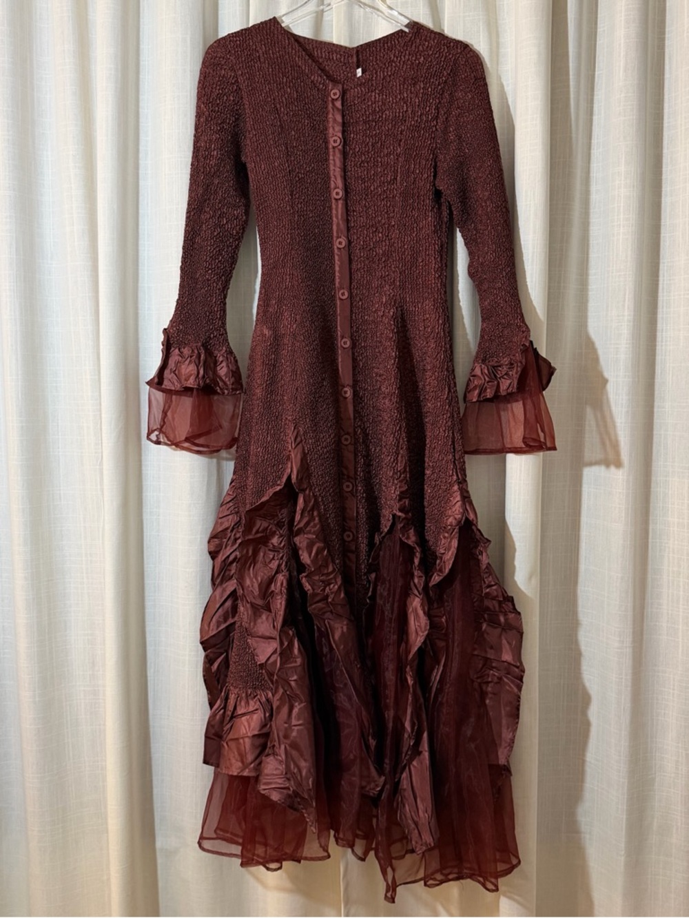 Vintage Rose Y2K Dress Burgundy Ruffle Organza flowy dress size small